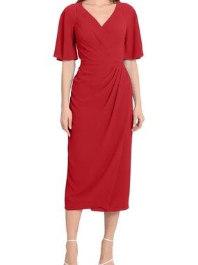 Maggy London Wine-Red Wrap-Style Midi Dress